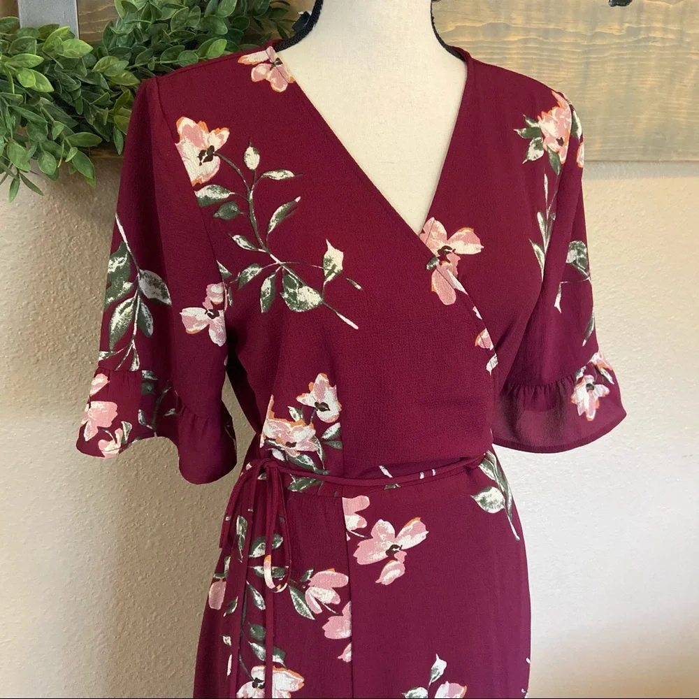 NWOT Lulus September Sunsets Burgundy Floral Print Wrap Maxi Dress_7
